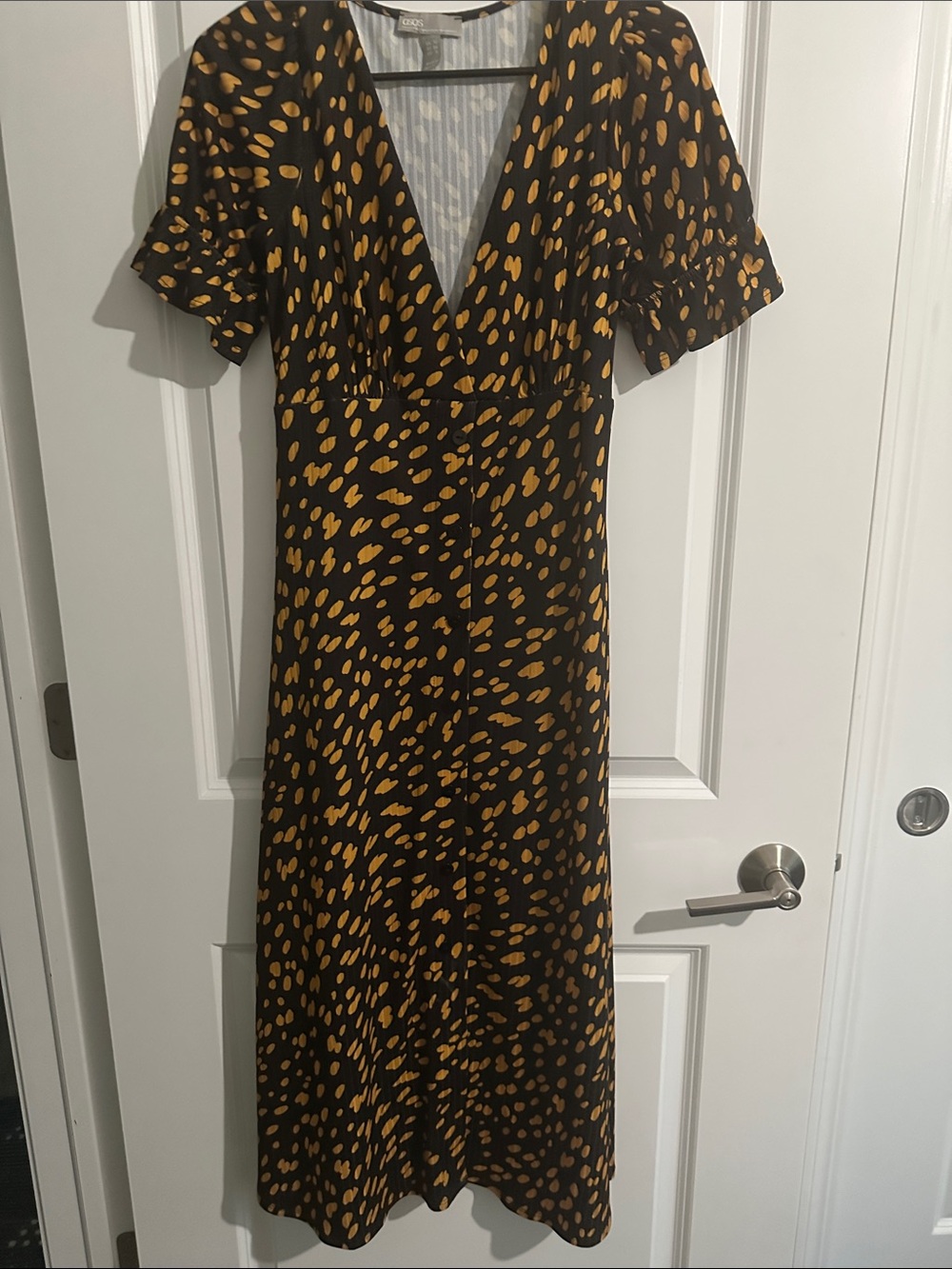 Black and Mustard Printed V-Neck Midi Dress